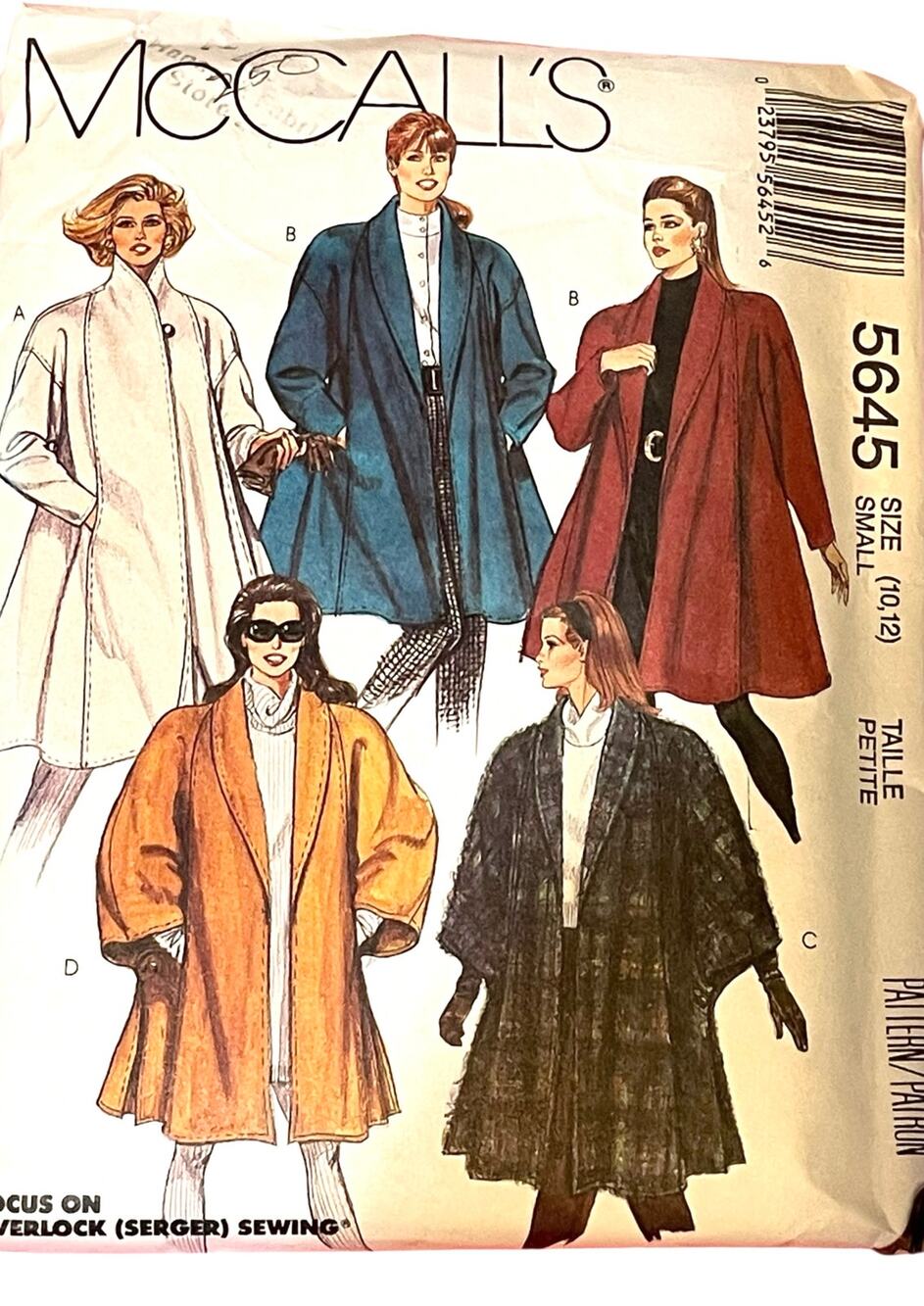 McCall’s 5645 Misses 10-12 Lined Coat Unlined Cape 2 Lengths Circa 1991 Uncut FF